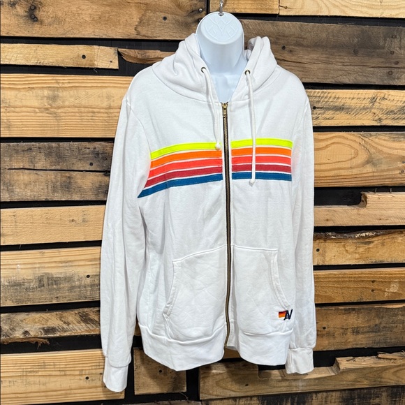 Aviator Nation 5 Stripe Relaxed Zip Hoodie Unisex L White Neon Rainbow 70s Sport - Picture 3 of 8